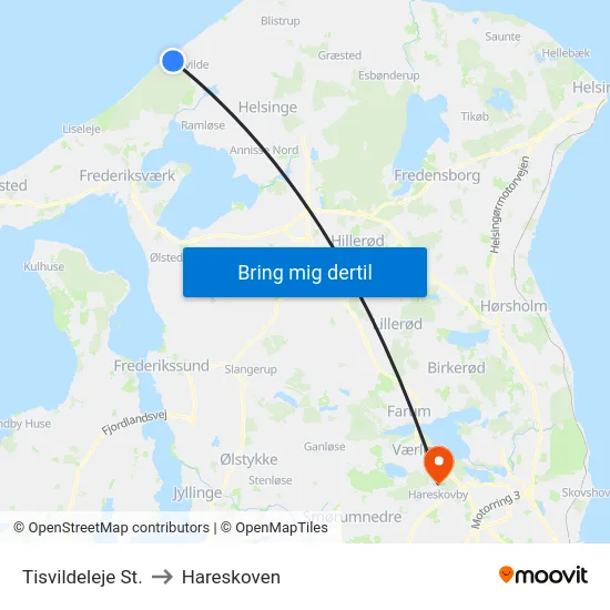 Tisvildeleje St. to Hareskoven map
