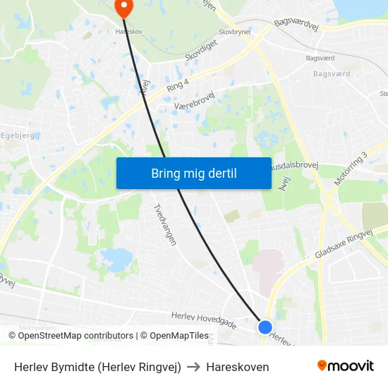 Herlev Bymidte (Herlev Ringvej) to Hareskoven map
