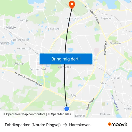 Fabriksparken (Nordre Ringvej) to Hareskoven map