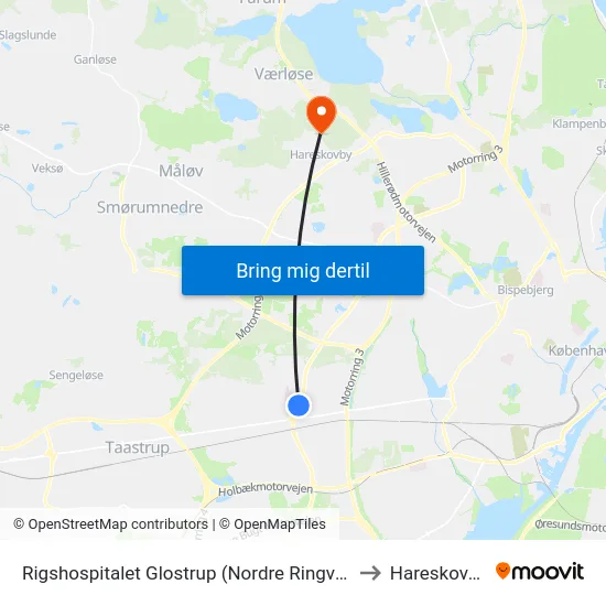 Rigshospitalet Glostrup (Nordre Ringvej) to Hareskoven map