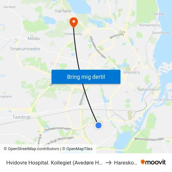 Hvidovre Hospital. Kollegiet (Avedøre Havnevej) to Hareskoven map
