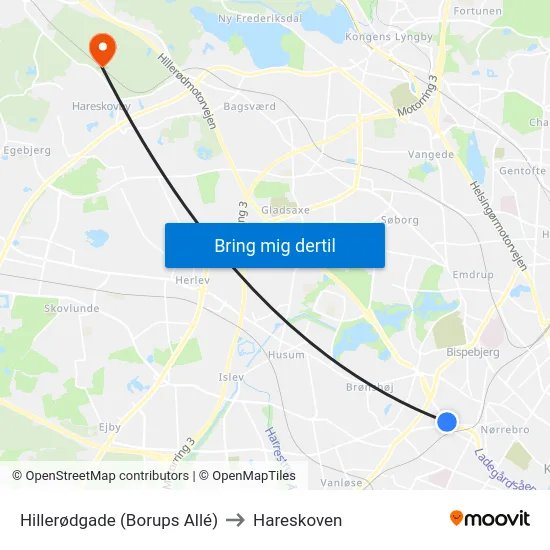 Hillerødgade (Borups Allé) to Hareskoven map