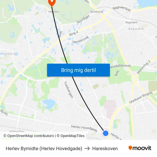 Herlev Bymidte (Herlev Hovedgade) to Hareskoven map
