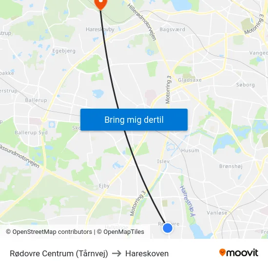 Rødovre Centrum (Tårnvej) to Hareskoven map