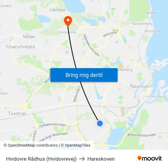 Hvidovre Rådhus (Hvidovrevej) to Hareskoven map