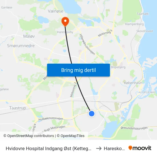 Hvidovre Hospital Indgang Øst (Kettegård Allé) to Hareskoven map