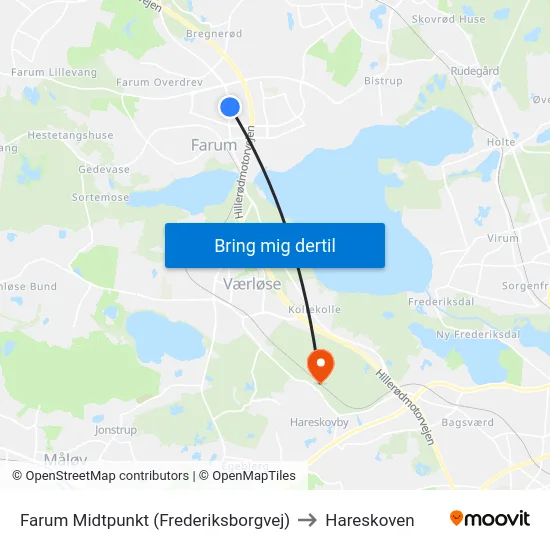 Farum Midtpunkt (Frederiksborgvej) to Hareskoven map