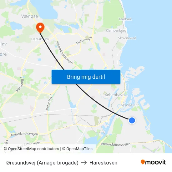 Øresundsvej (Amagerbrogade) to Hareskoven map