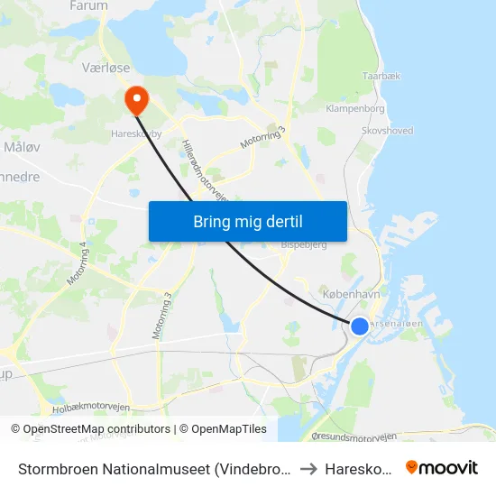 Stormbroen Nationalmuseet (Vindebrogade) to Hareskoven map