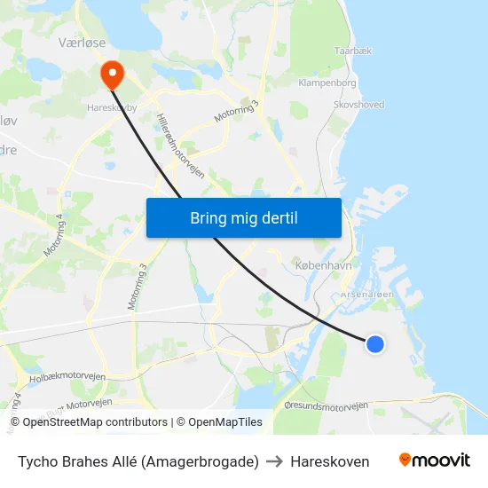 Tycho Brahes Allé (Amagerbrogade) to Hareskoven map