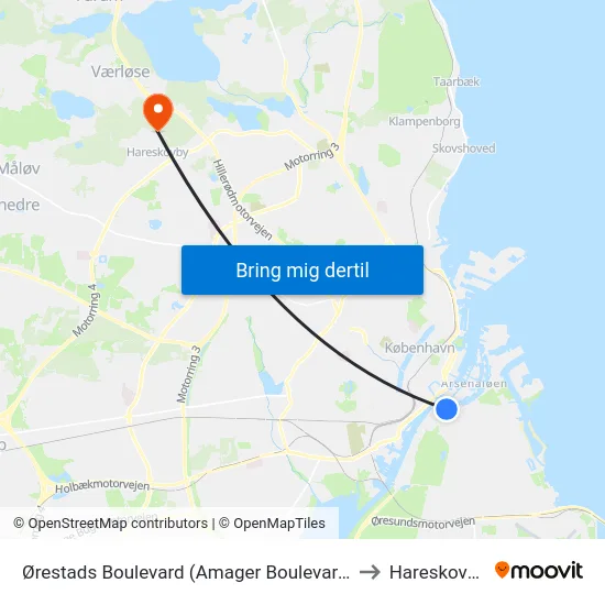 Ørestads Boulevard (Amager Boulevard) to Hareskoven map