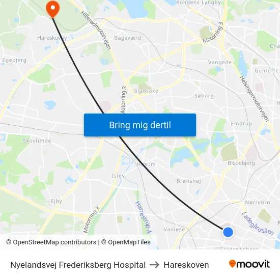 Nyelandsvej Frederiksberg Hospital to Hareskoven map