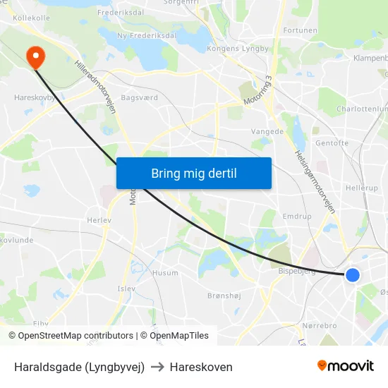 Haraldsgade (Lyngbyvej) to Hareskoven map