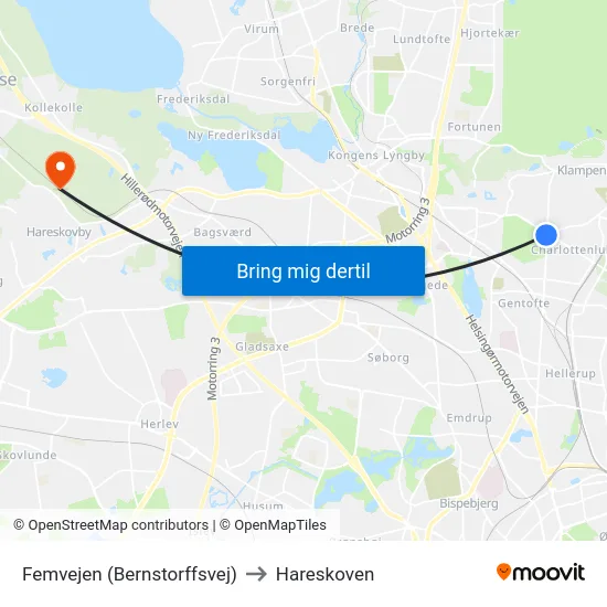 Femvejen (Bernstorffsvej) to Hareskoven map