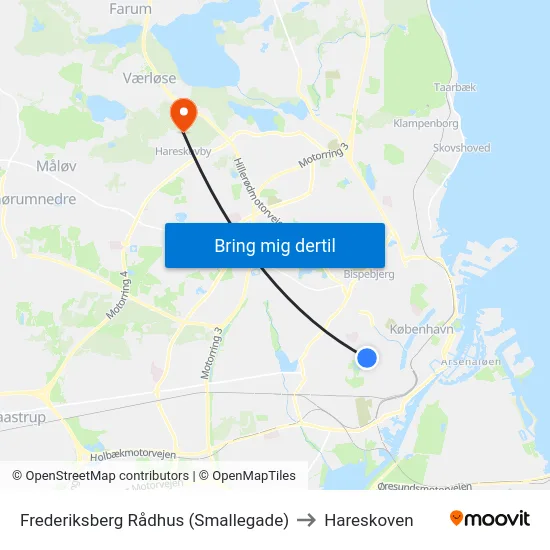 Frederiksberg Rådhus (Smallegade) to Hareskoven map