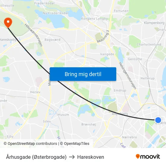 Århusgade (Østerbrogade) to Hareskoven map