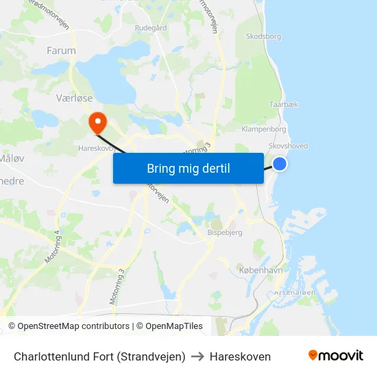 Charlottenlund Fort (Strandvejen) to Hareskoven map