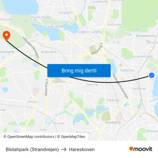 Blidahpark (Strandvejen) to Hareskoven map