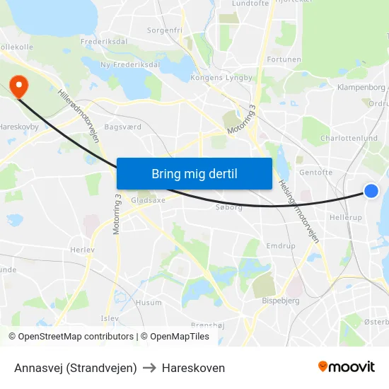 Annasvej (Strandvejen) to Hareskoven map