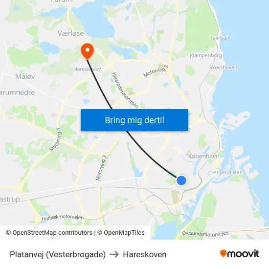 Platanvej (Vesterbrogade) to Hareskoven map