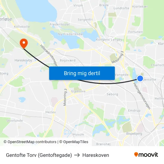 Gentofte Torv (Gentoftegade) to Hareskoven map
