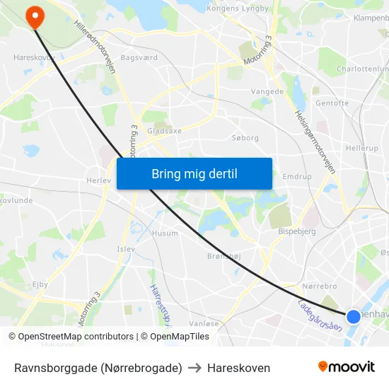 Ravnsborggade (Nørrebrogade) to Hareskoven map