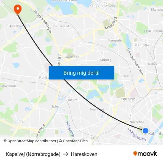 Kapelvej (Nørrebrogade) to Hareskoven map