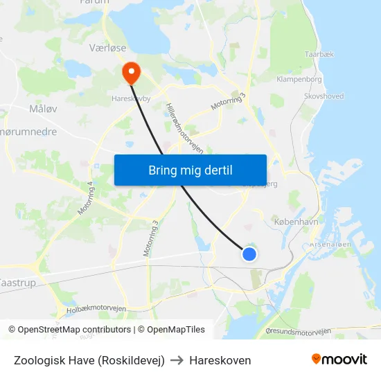 Zoologisk Have (Roskildevej) to Hareskoven map