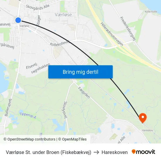 Værløse St. under Broen (Fiskebækvej) to Hareskoven map