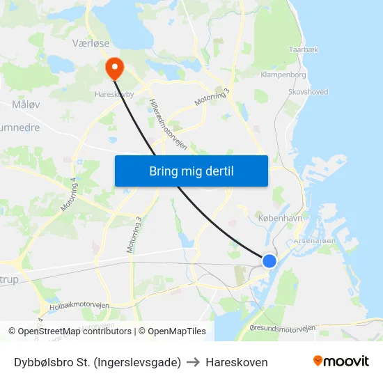 Dybbølsbro St. (Ingerslevsgade) to Hareskoven map
