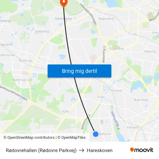 Rødovrehallen (Rødovre Parkvej) to Hareskoven map