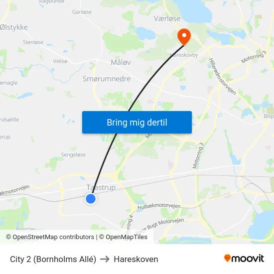 City 2 (Bornholms Allé) to Hareskoven map