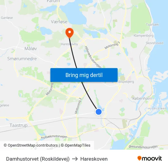 Damhustorvet (Roskildevej) to Hareskoven map