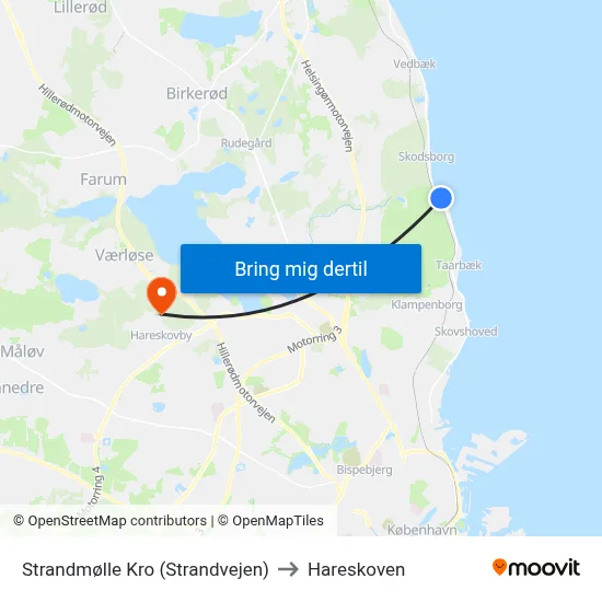 Strandmølle Kro (Strandvejen) to Hareskoven map