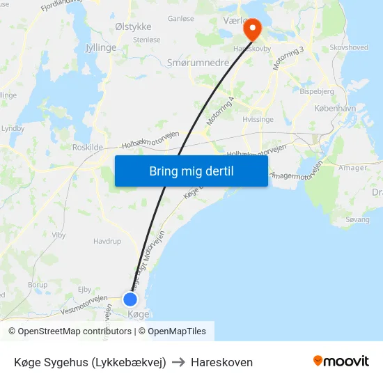 Køge Sygehus (Lykkebækvej) to Hareskoven map
