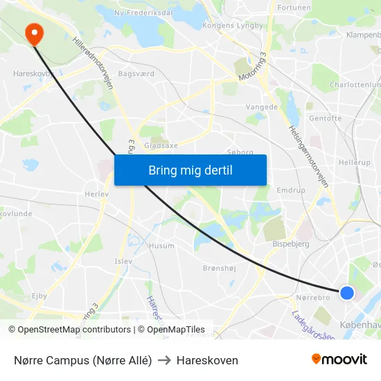 Nørre Campus (Nørre Allé) to Hareskoven map