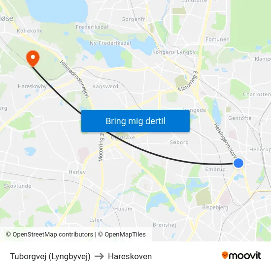 Tuborgvej (Lyngbyvej) to Hareskoven map