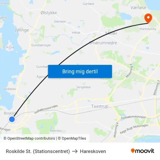 Roskilde St. (Stationscentret) to Hareskoven map