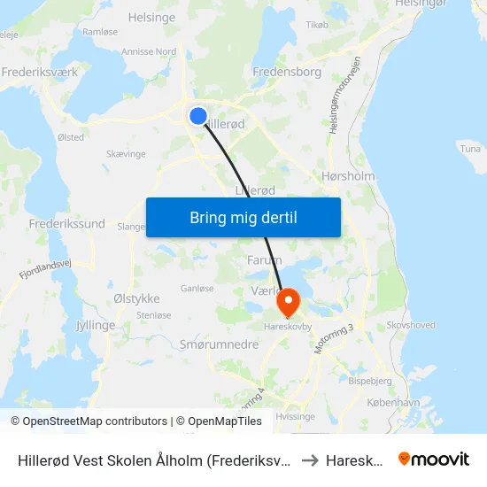 Hillerød Vest Skolen Ålholm (Frederiksværksgade) to Hareskoven map