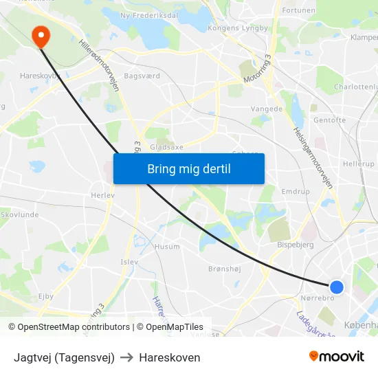 Jagtvej (Tagensvej) to Hareskoven map