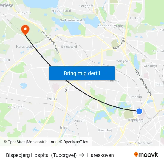 Bispebjerg Hospital (Tuborgvej) to Hareskoven map