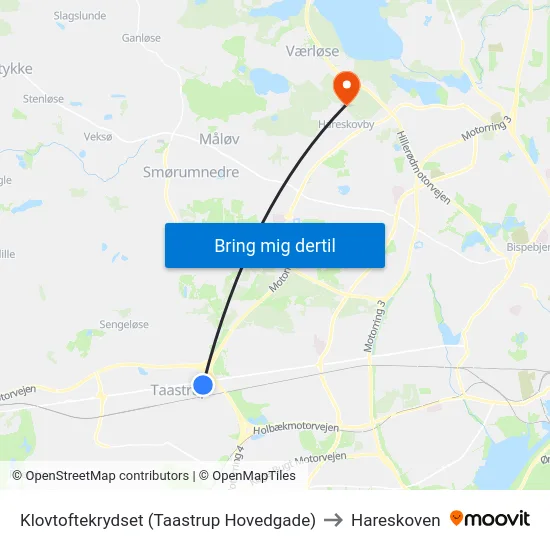 Klovtoftekrydset (Taastrup Hovedgade) to Hareskoven map