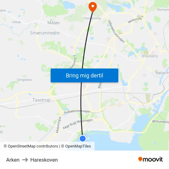 Arken to Hareskoven map