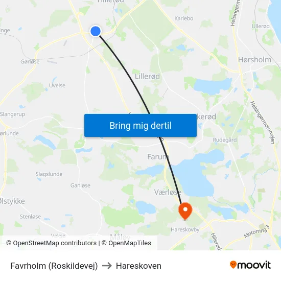 Favrholm (Roskildevej) to Hareskoven map