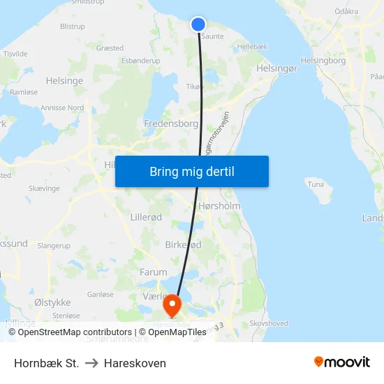 Hornbæk St. to Hareskoven map