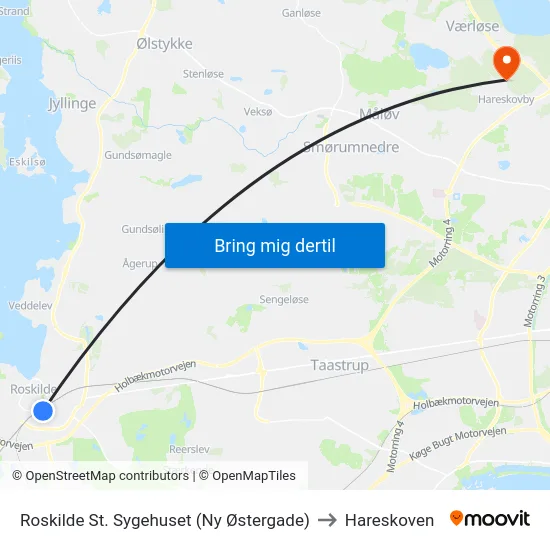 Roskilde St. Sygehuset (Ny Østergade) to Hareskoven map