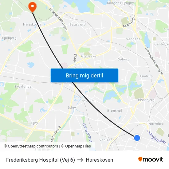 Frederiksberg Hospital (Vej 6) to Hareskoven map