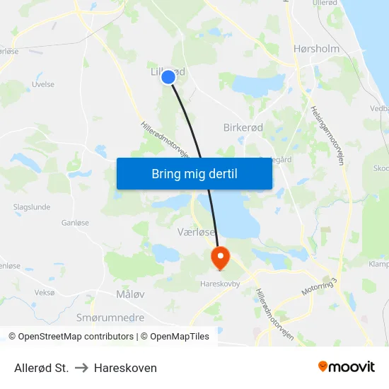 Allerød St. to Hareskoven map