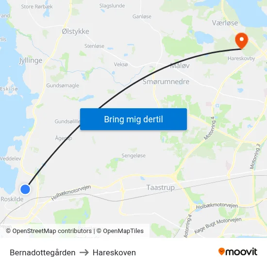 Bernadottegården to Hareskoven map