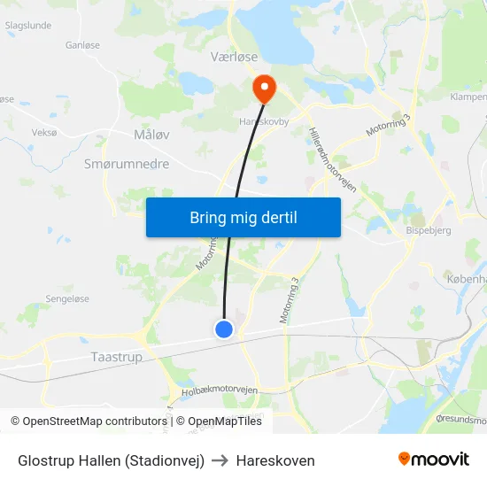 Glostrup Hallen (Stadionvej) to Hareskoven map